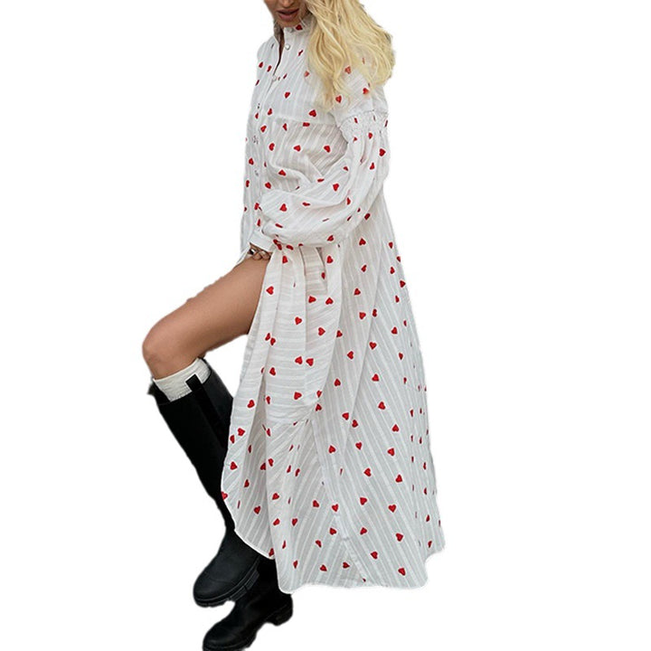 Damen Baumwoll-Maxi-Kleid mit Herzen und langen Ärmeln Drune