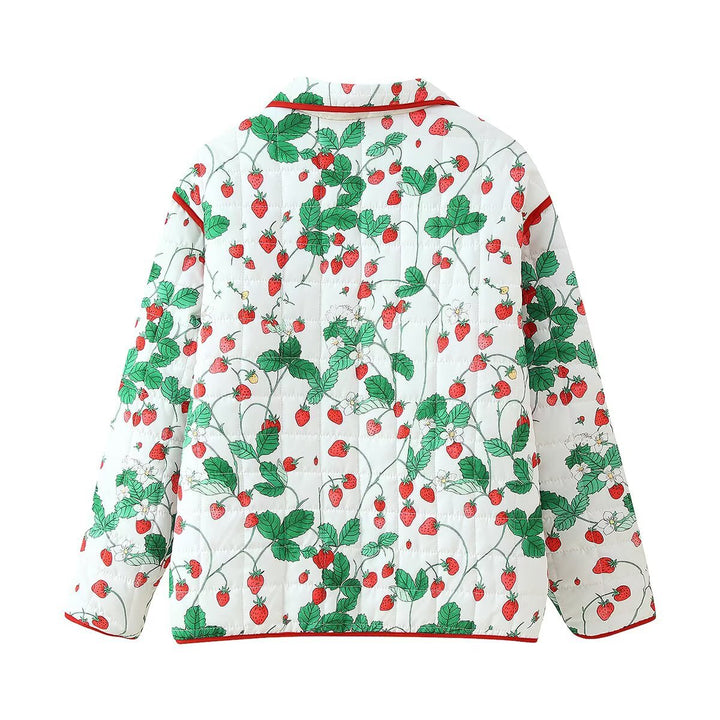 Damen modische Steppjacke mit Erdbeermuster und großen Taschen Drune