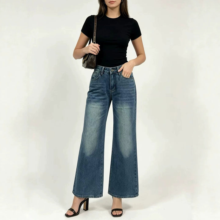 Damen nan High‑Waist Flared-Jeans mit weitem Bein, taillierender Bundnaht und dezenter Used-Struktur Drune