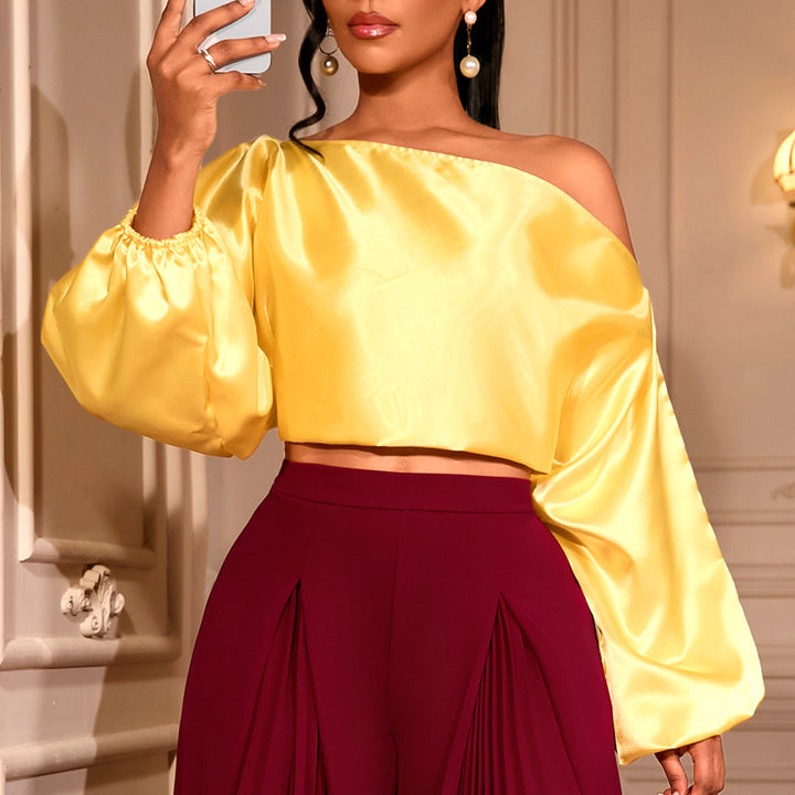 Damen elegantes asymmetrisches Oberteil mit voluminösen Puffärmeln Drune
