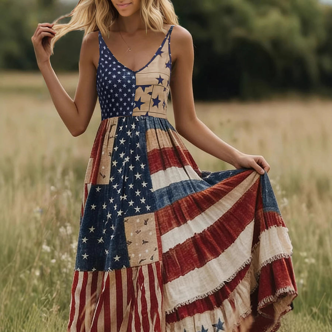 Damen Lange Sommerkleid mit buntem Patchwork-Design und V-Ausschnitt Drune