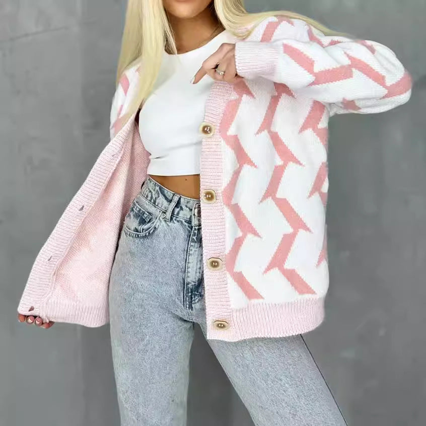 Damen lässige Strickjacke mit modernem Blitzenmuster Drune