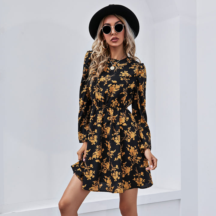 Damen Blümchen-Midikleid mit modischen Puffärmeln und tailliertem Bund Drune