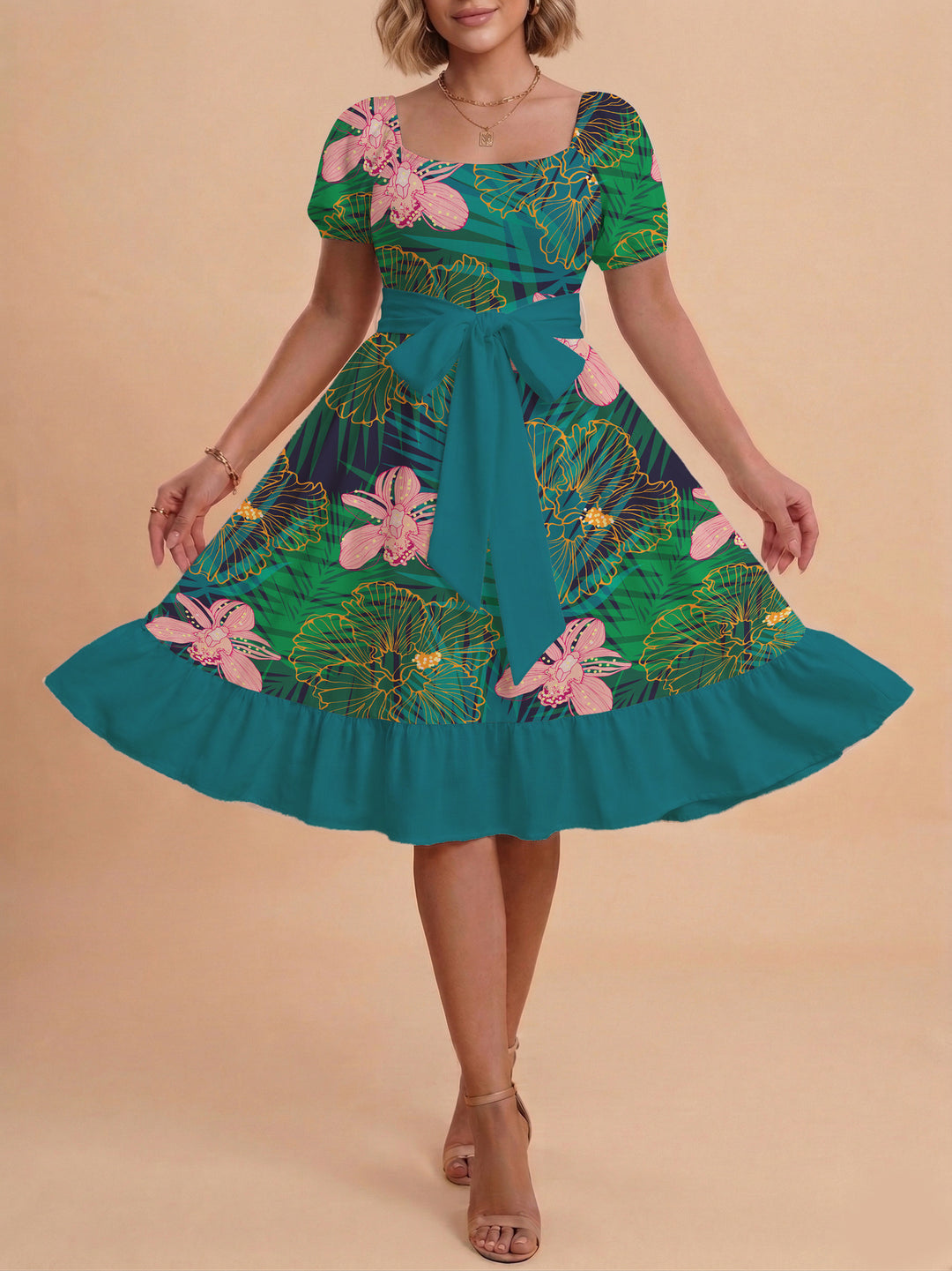 Damen Blumenkleid mit taillierbarem Gürtel und voluminösen Ärmeln Drune