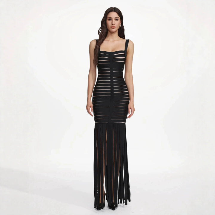 Damen Elegantes Abendkleid mit raffiniertem Streifen-Design und Fransen Drune