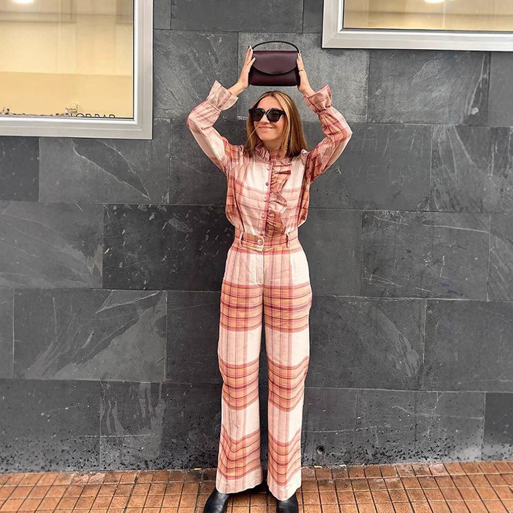 Damen Karomuster Jumpsuit mit Gürtel und Rüschen Drune