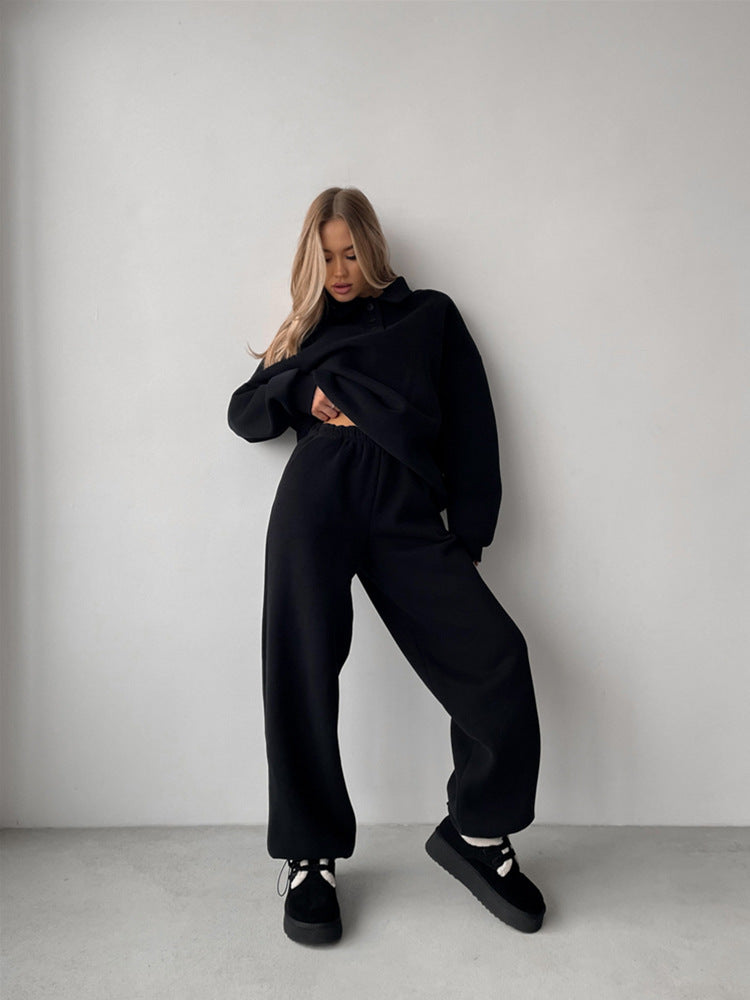 Damen sportliches Fleece-Set mit weiten Hosen und Polokragen Drune