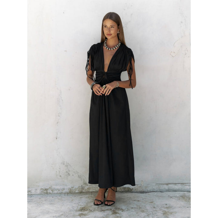 Damen elegante Maxi-Kleid mit raffiniertem Wickeldesign und tiefem V-Ausschnitt Drune