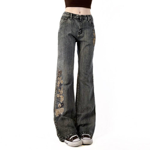 Damen Flared Jeans mit floralem Stickdesign Drune