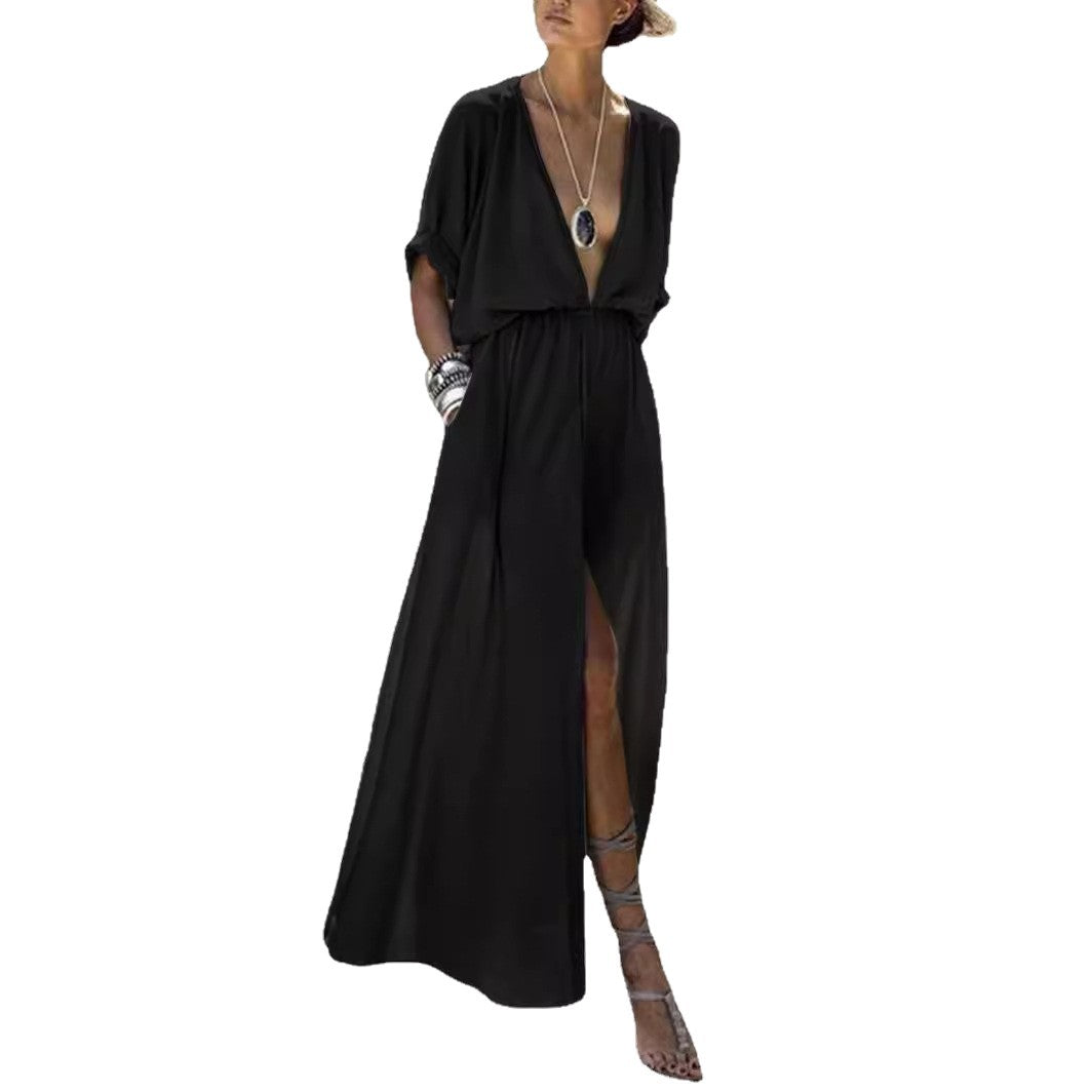 Damen Maxikleid mit tiefem V-Ausschnitt und hautfreundlichem Material Drune