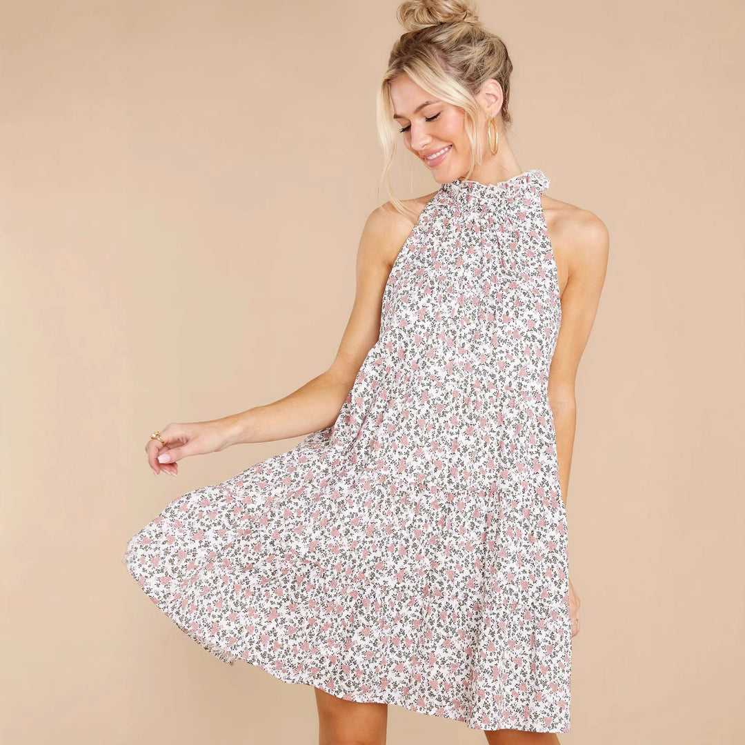 Damen Neckholder-Kleid mit verspielt-floralem Design und Rüschendetails Drune