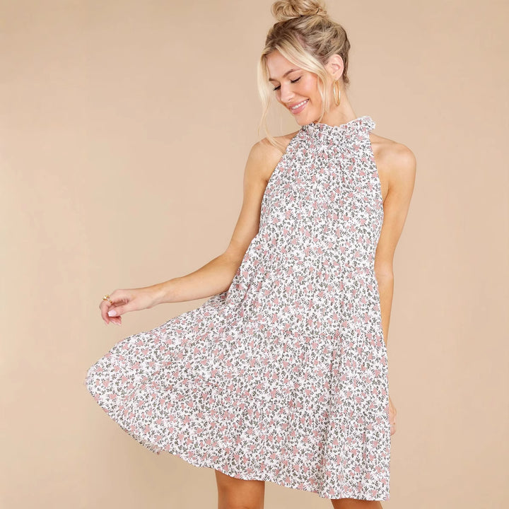 Damen Neckholder-Kleid mit verspielt-floralem Design und Rüschendetails Drune