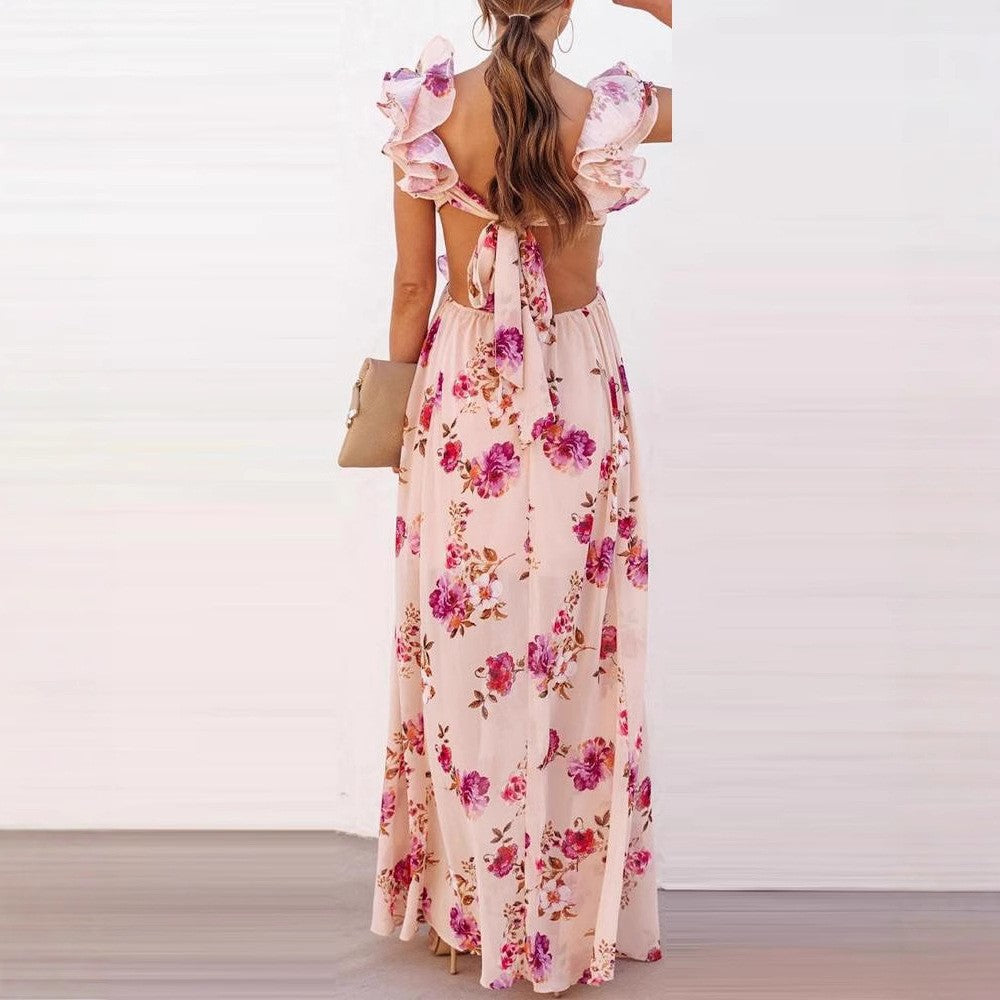 Damen Maxikleid mit floralen Rüschendetails und elegantem V-Ausschnitt Drune