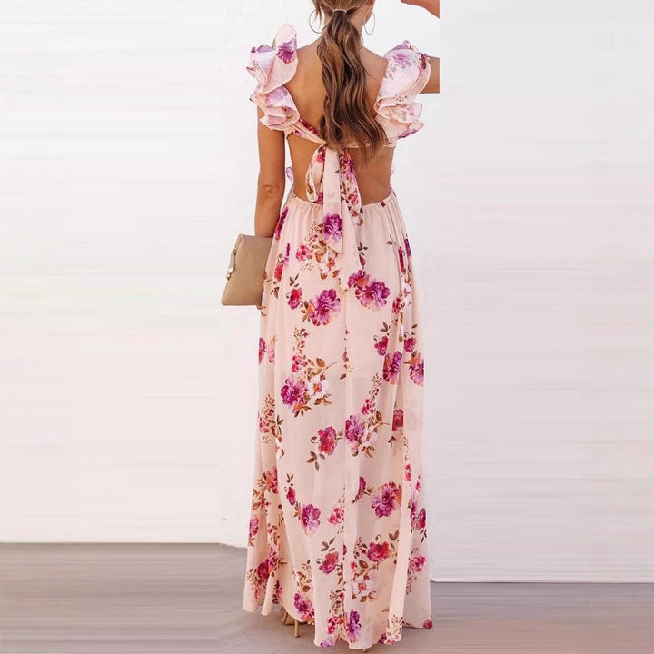 Damen Maxikleid mit floralen Rüschendetails und elegantem V-Ausschnitt Drune