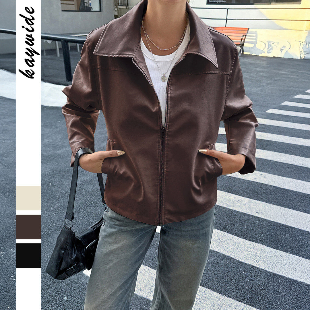 Damen nan elegante Kunstlederjacke mit Reißverschluss, Hemdkragen und Eingrifftaschen Drune