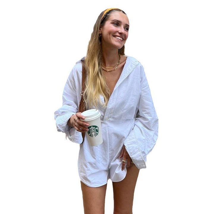 Damen nan taillierter Hemd‑Romper mit Langarm, verdeckter Knopfleiste und figurformender Taille Drune