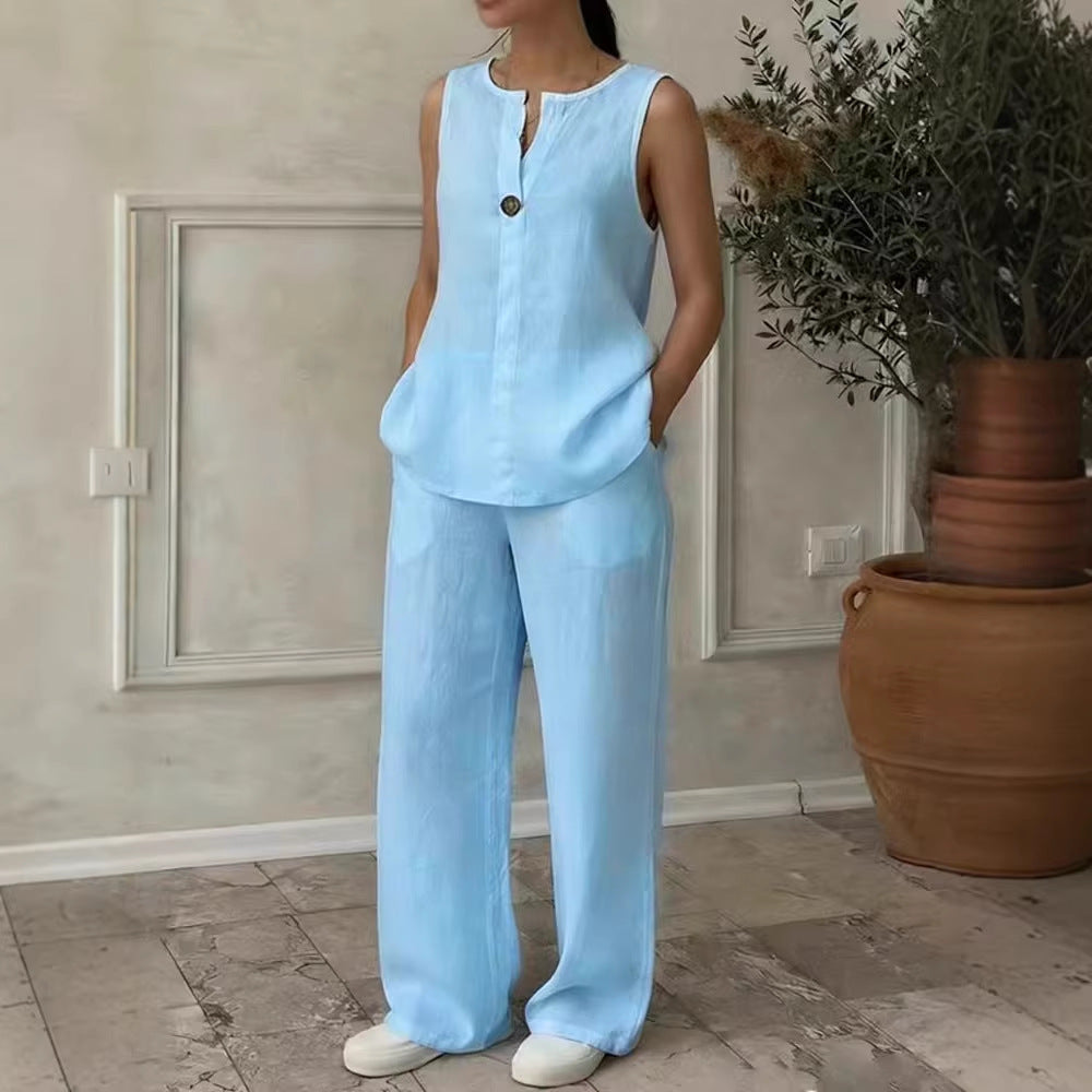 Damen Leinen Set mit elegantem Knopfdetail Drune