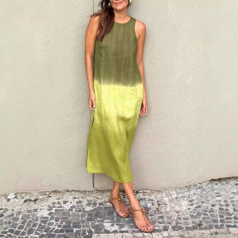 Drune | Baumwolle Leinen Ärmelloses Schlitz Gradient Kleid