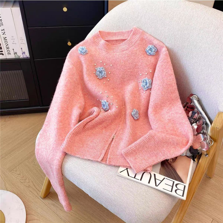 Damen Pullover mit strukturiertem Blumendesign und Perlenverzierungen Drune