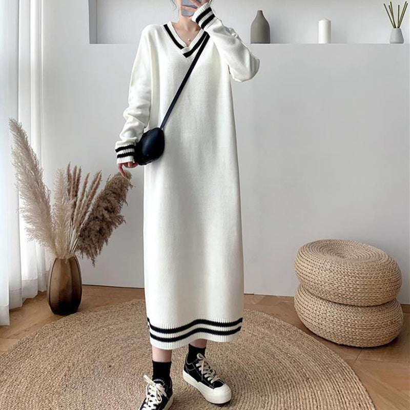 Damen Elegantes Strickkleid mit V-Ausschnitt und kontrastierenden Bündchen Drune