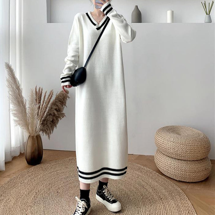 Damen Elegantes Strickkleid mit V-Ausschnitt und kontrastierenden Bündchen Drune