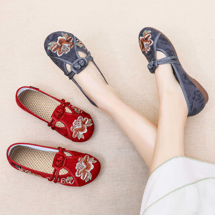 Damen nan bestickte Mary-Jane Slipper mit chinesischem Knotenverschluss und orthopädischer Komfortsohle Drune