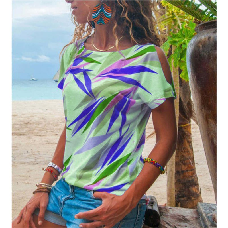 Damen T-Shirt mit asymmetrischem Schnitt und buntem Blattmotiv Drune
