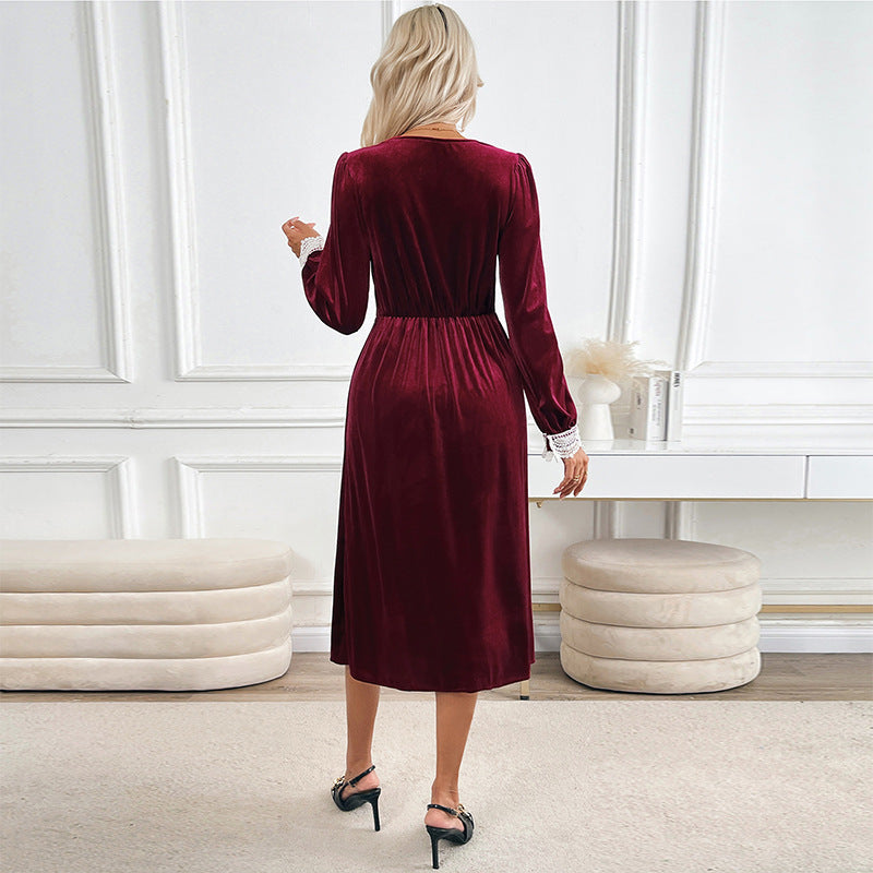 Damen elegantes Samtkleid mit Spitzenapplikationen und Knopfdetails Drune