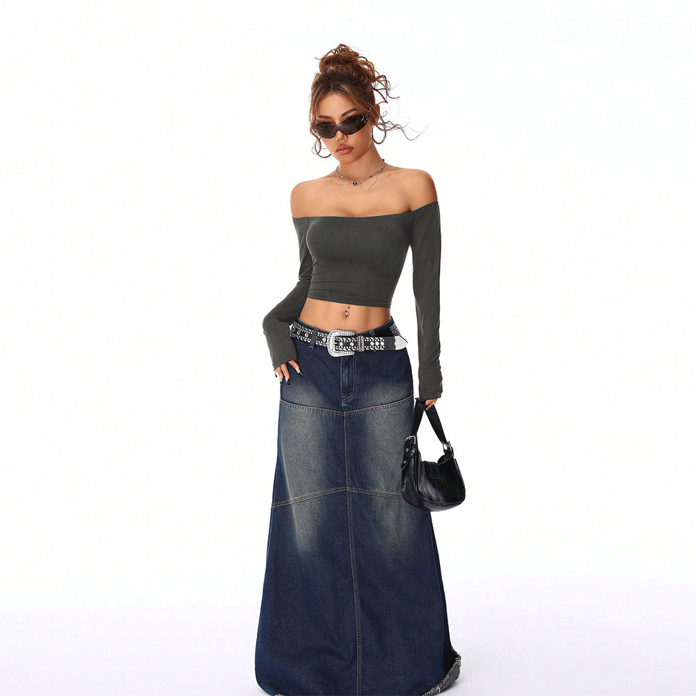 Damen Off-Shoulder Crop-Top mit langen Ärmeln und figurbetonter Passform Drune