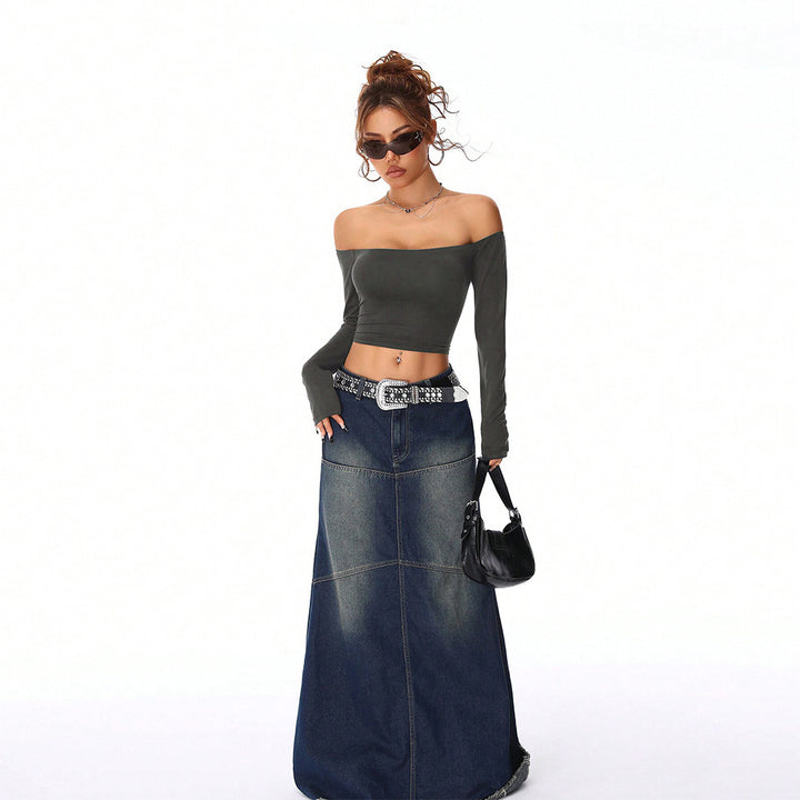 Damen Off-Shoulder Crop-Top mit langen Ärmeln und figurbetonter Passform Drune