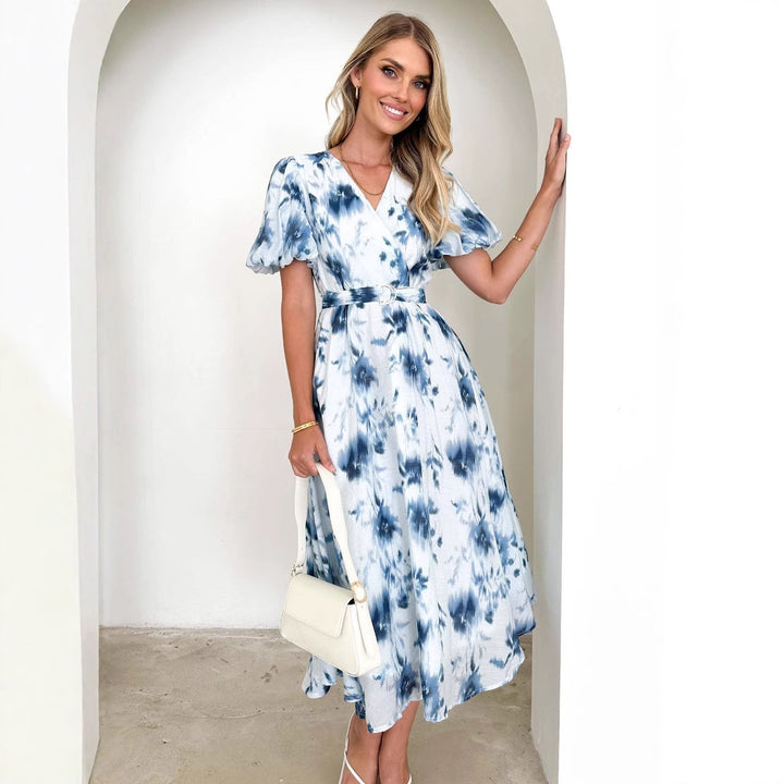 Damen Midi-Kleid mit verspieltem Wickeldesign und blumigen Akzenten Drune