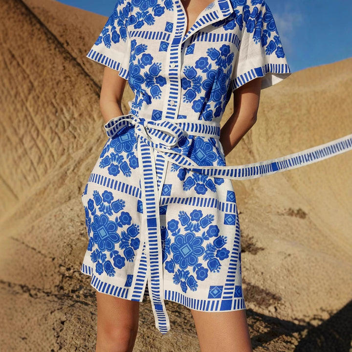 Damen Freizeitkleid mit floralem Muster und bequemen Taillengürtel Drune