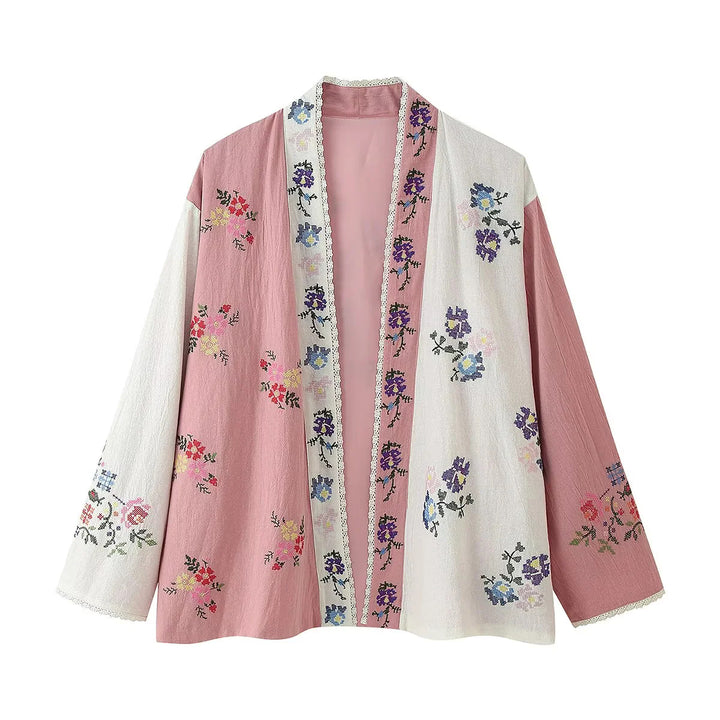 Damen Kimono-Jacke mit floralen Stickereien und elegantem Kragen Drune