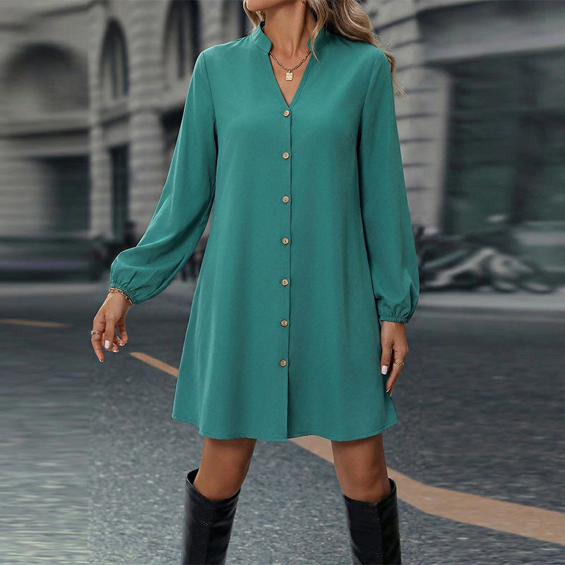 Damen lässiges Hemdkleid mit Knopfverschluss und langen Ärmeln Drune