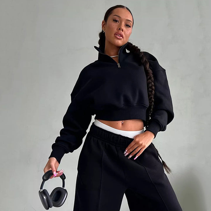 Damen Sportliches Sweatshirt mit hohem Kragen und bequemen Jogginghosen Drune