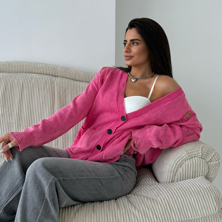 Damen lässige Strickjacke mit modischem V-Ausschnitt und kreativen Cut-Out-Details Drune