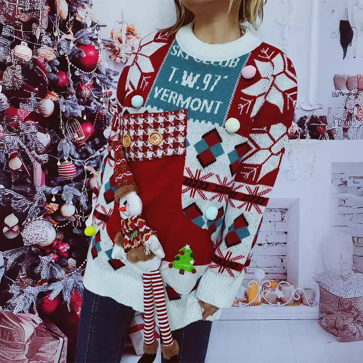 Damen festlicher Pullover mit winterlichem Schneemann-Motiv und dekorativen Details Drune