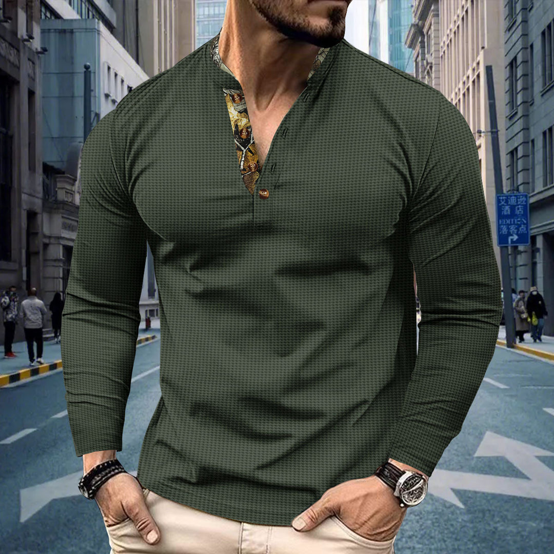Herren nan langärmeliges Henley-Shirt mit Stehkragen und gemustertem Knopfleistenbesatz Drune