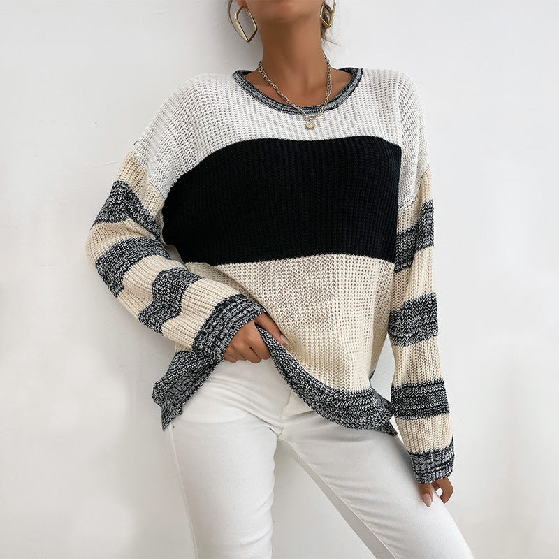Damen lässiger Strickpullover mit modischem Blockdesign und weiten Ärmeln Drune