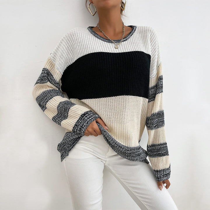 Damen lässiger Strickpullover mit modischem Blockdesign und weiten Ärmeln Drune