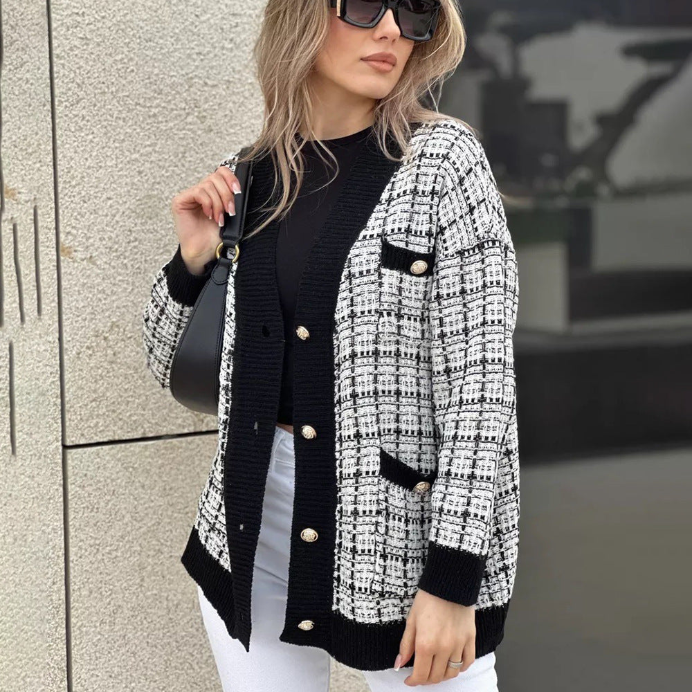 Damen modische Strickjacke mit eleganter Karo-Optik und Taschen Drune