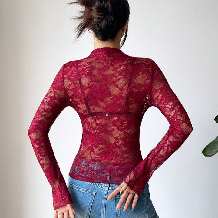 Damen Spitzentop mit langem Arm und tiefem V-Ausschnitt Drune