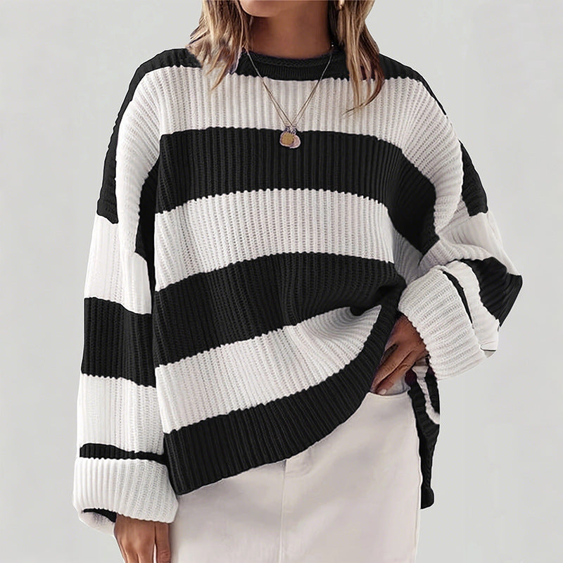 Damen lässiger Strickpullover mit breiten Streifen und lockerer Passform Drune