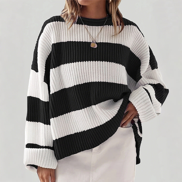 Damen lässiger Strickpullover mit breiten Streifen und lockerer Passform Drune