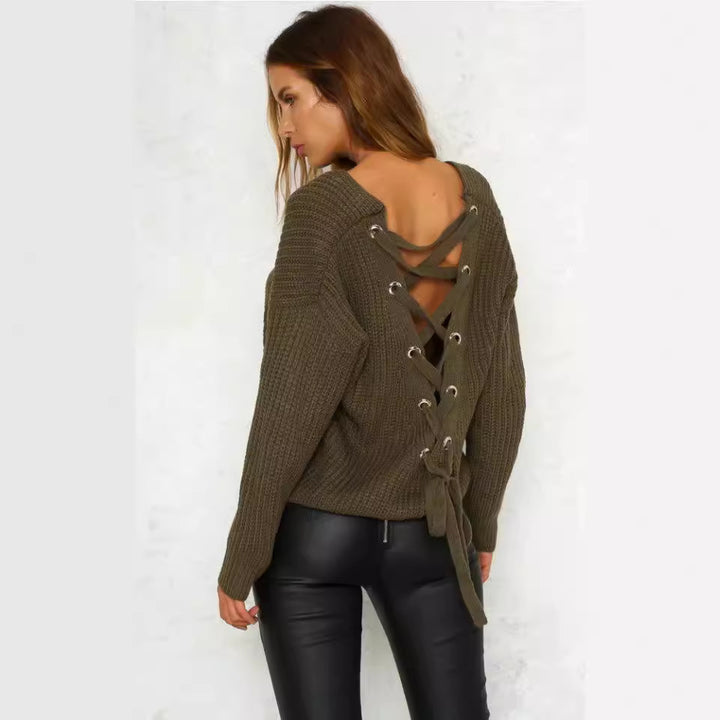 Damen lässiger Strickpullover mit dekorativem Rückenausschnitt und Kordelzug Drune