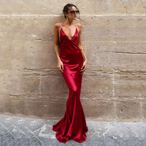 Damen elegantes Maxikleid mit tiefem V-Ausschnitt und fließendem Stoff Drune