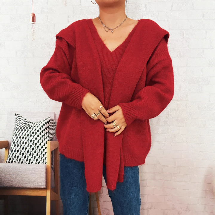 Damen lässiger Strickpullover mit abnehmbarer Kapuze und Knopfdetails Drune
