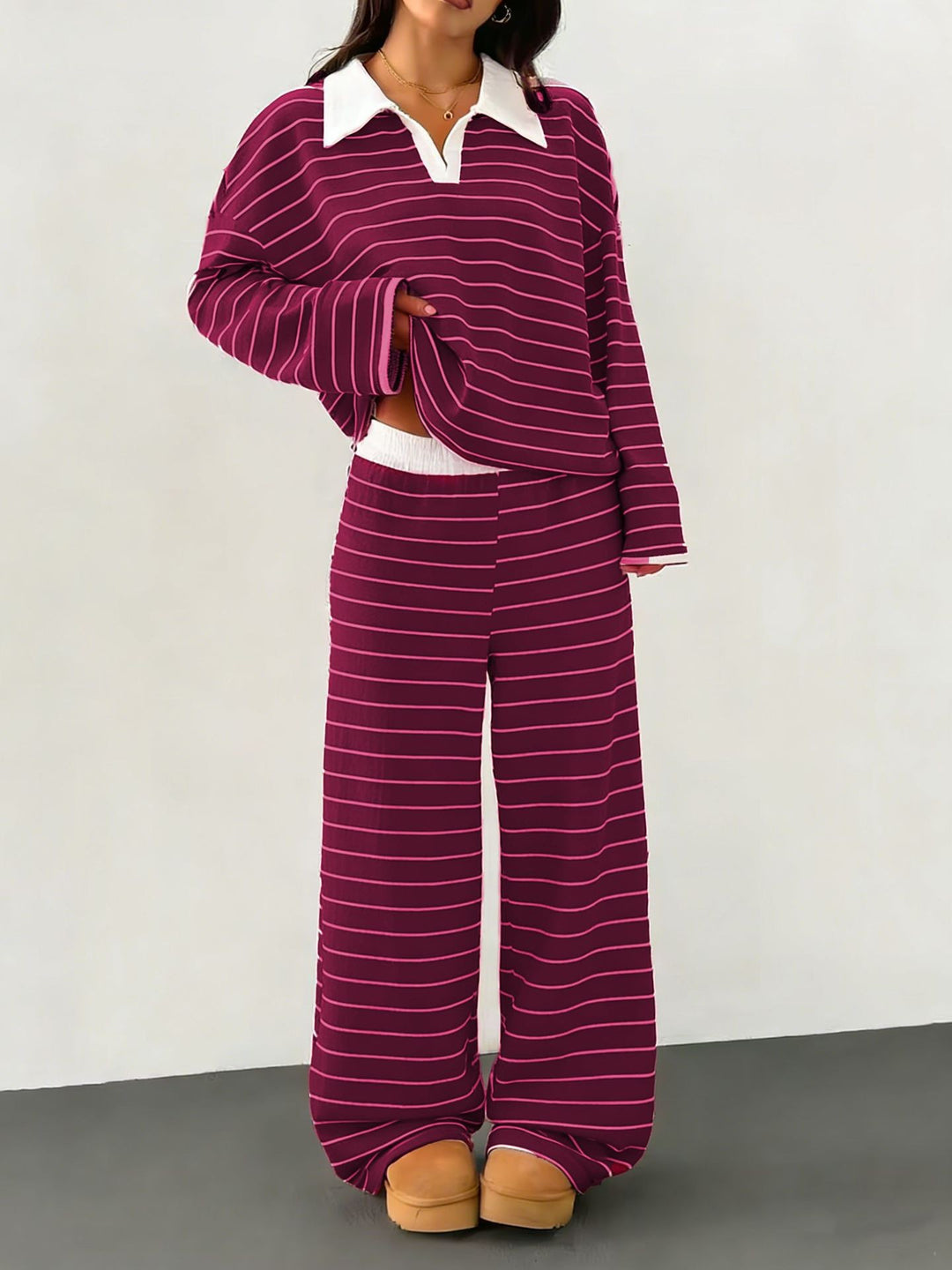 Damen lässiges Strick-Set mit breiten Streifen und samtigem Kragen Drune