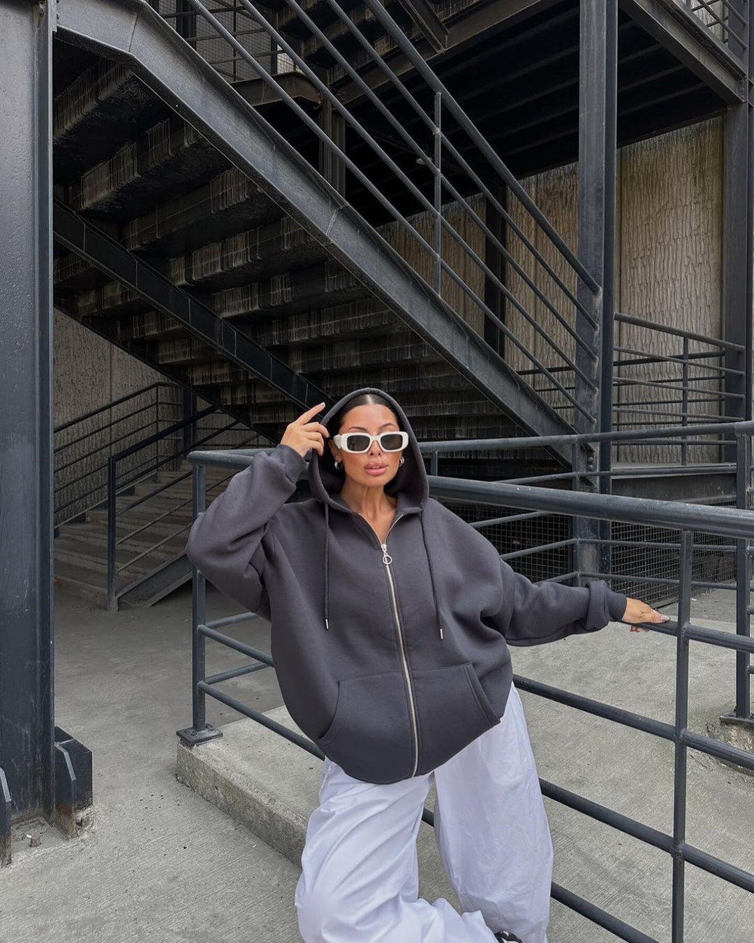 Damen oversized Kapuzenjacke mit Reißverschluss Drune