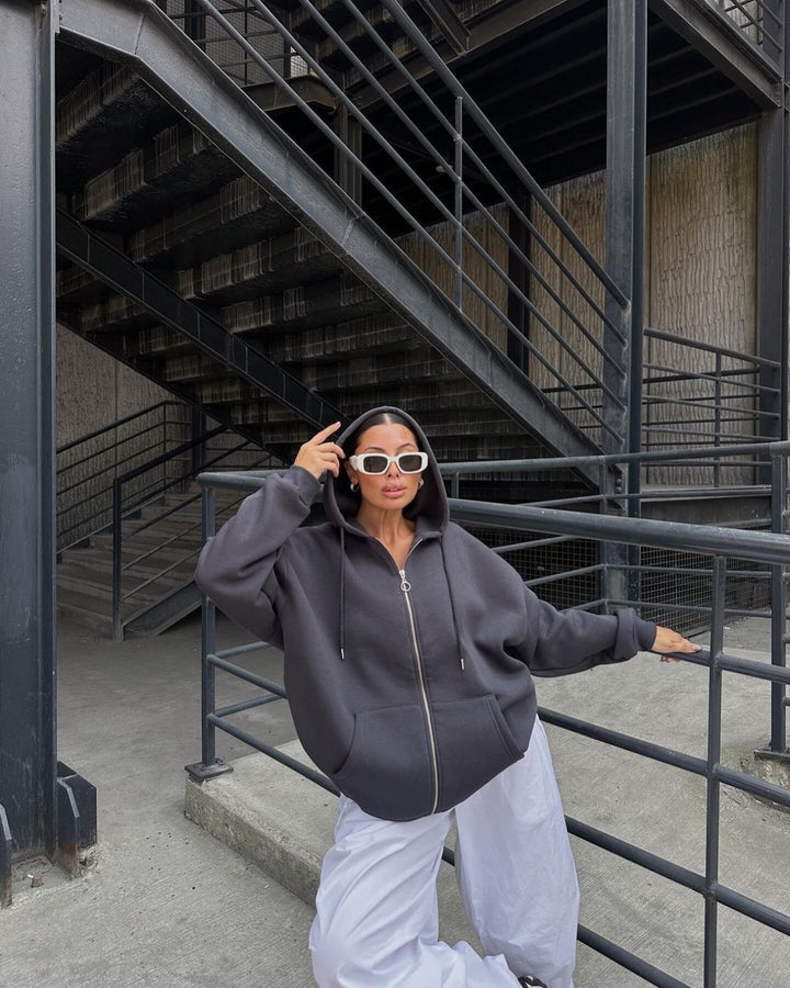 Damen oversized Kapuzenjacke mit Reißverschluss Drune